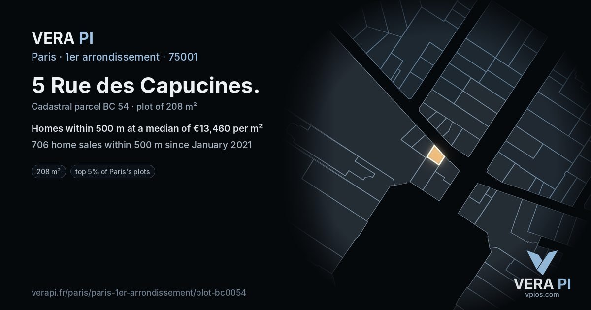5 Rue des Capucines, 1er arrondissement at night – the plot lit, the parcels around coloured by the prices near them