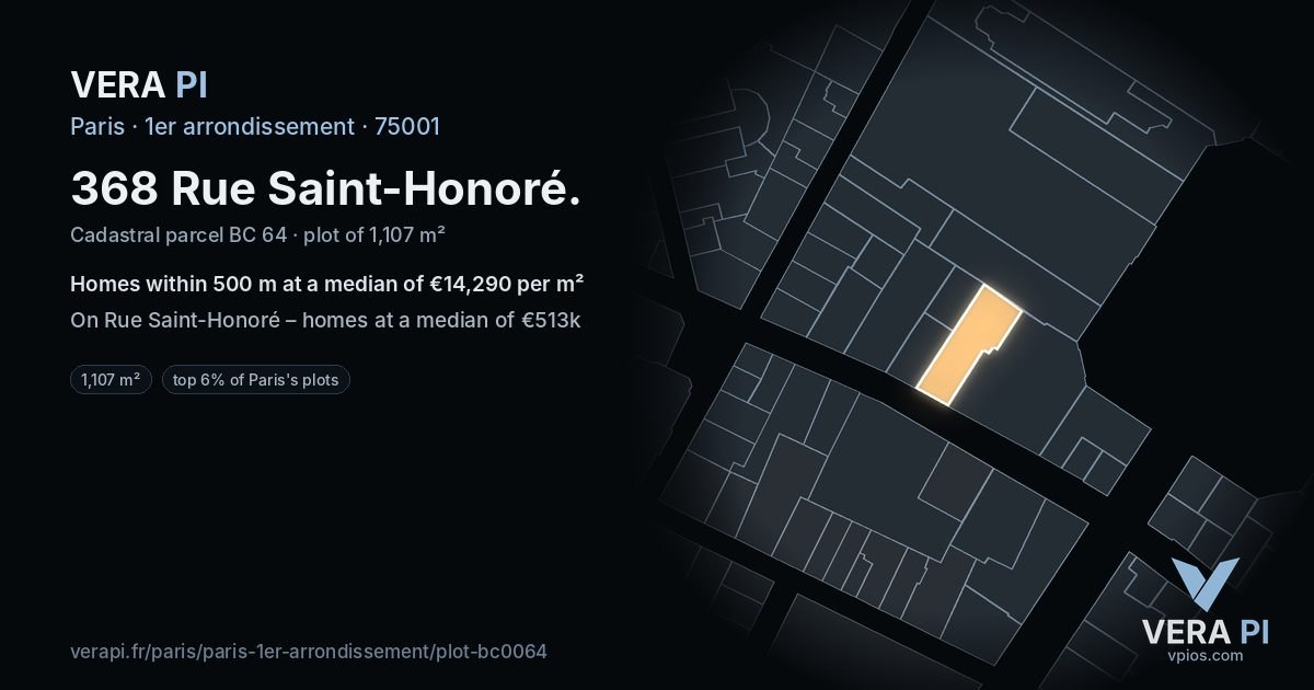 368 Rue Saint-Honoré, 1er arrondissement at night – the plot lit, the parcels around coloured by the prices near them