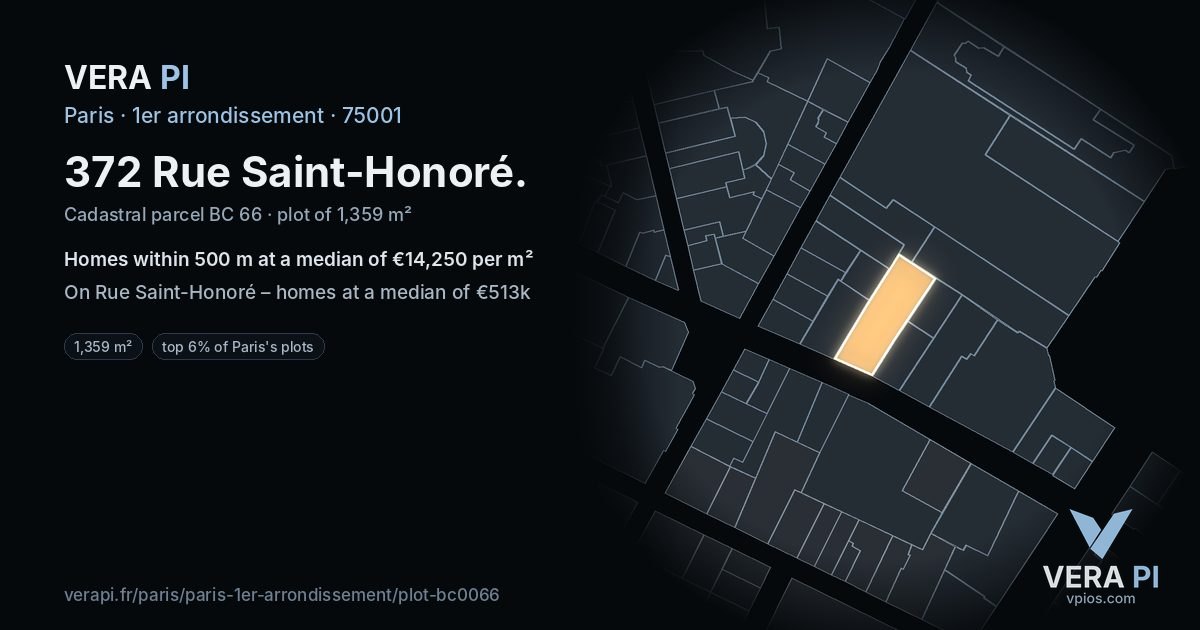372 Rue Saint-Honoré, 1er arrondissement at night – the plot lit, the parcels around coloured by the prices near them
