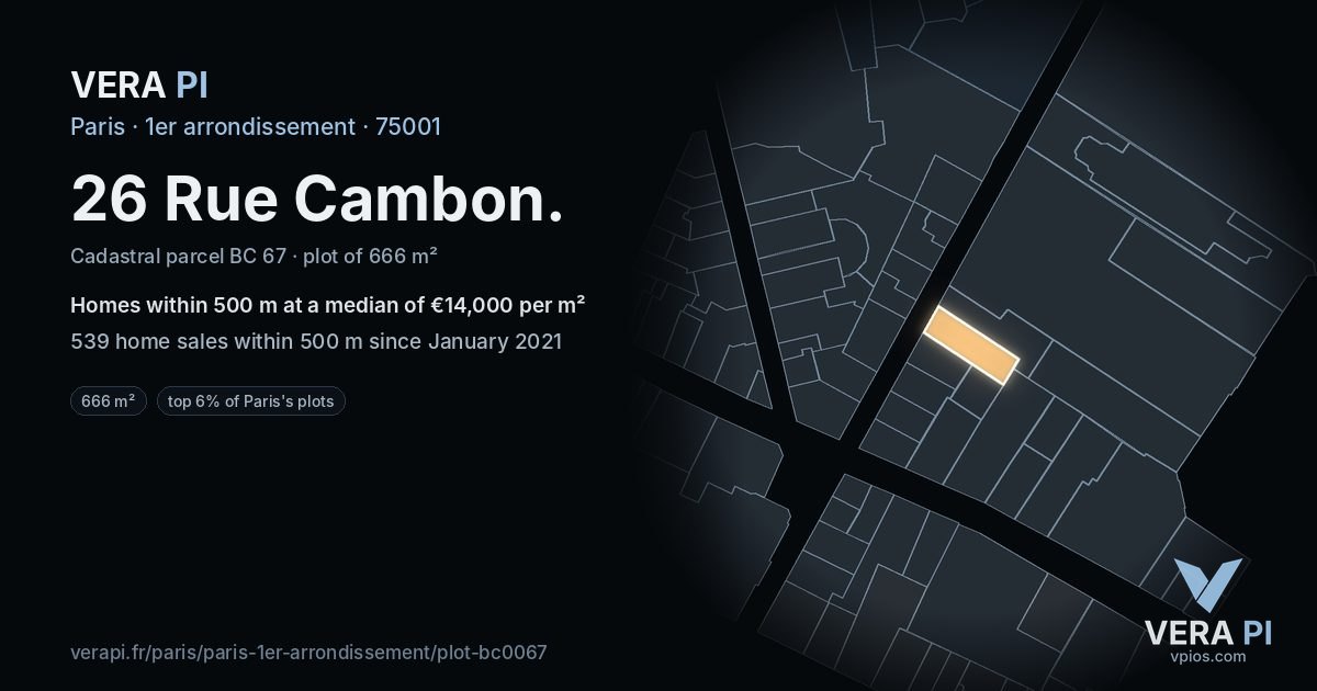 26 Rue Cambon, 1er arrondissement at night – the plot lit, the parcels around coloured by the prices near them