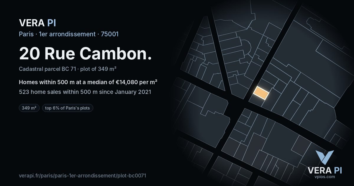 20 Rue Cambon, 1er arrondissement at night – the plot lit, the parcels around coloured by the prices near them