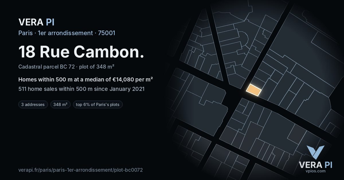 18 Rue Cambon, 1er arrondissement at night – the plot lit, the parcels around coloured by the prices near them