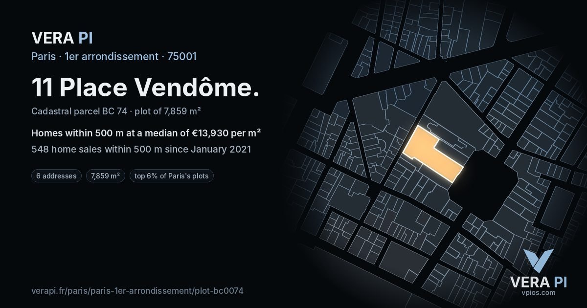 11 Place Vendôme, 1er arrondissement at night – the plot lit, the parcels around coloured by the prices near them