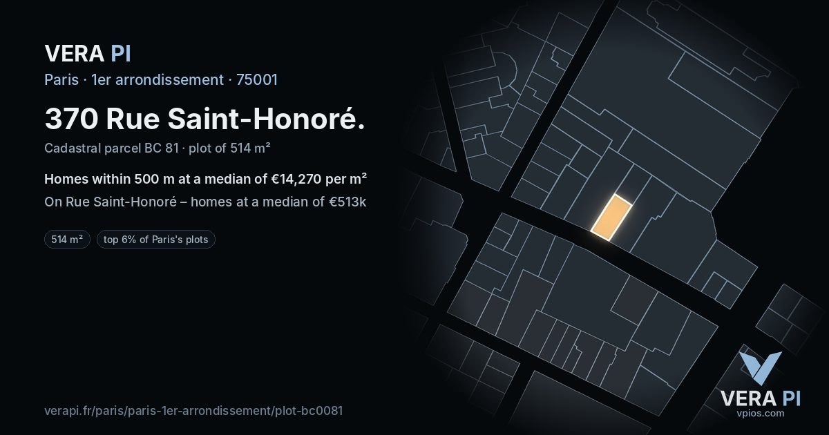 370 Rue Saint-Honoré, 1er arrondissement at night – the plot lit, the parcels around coloured by the prices near them