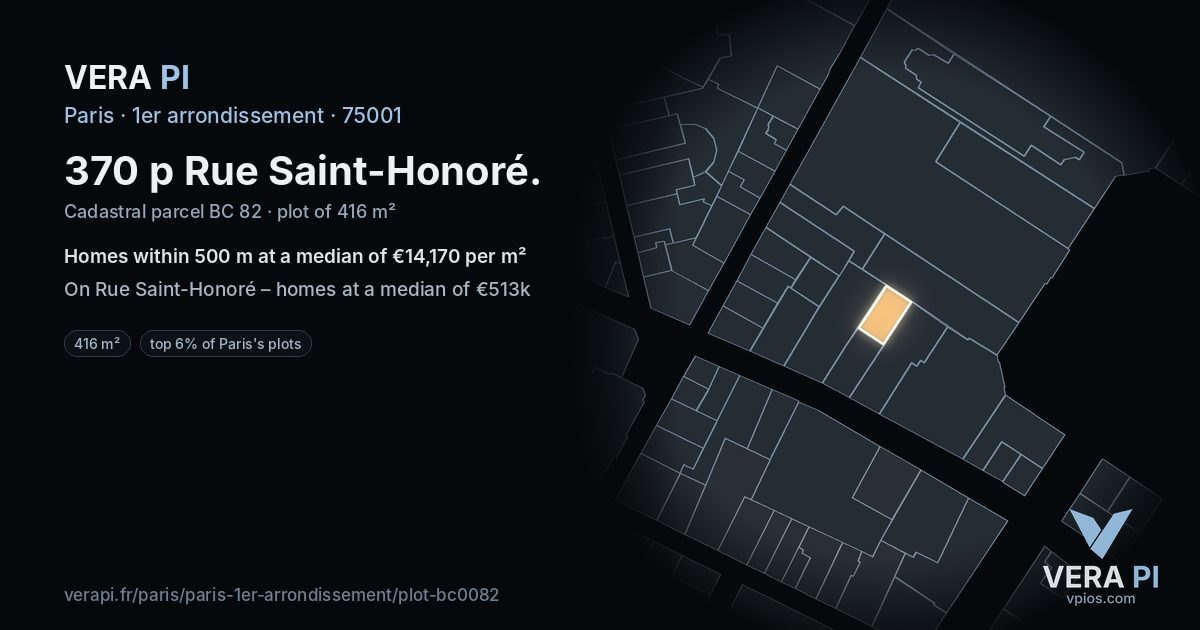 370 p Rue Saint-Honoré, 1er arrondissement at night – the plot lit, the parcels around coloured by the prices near them