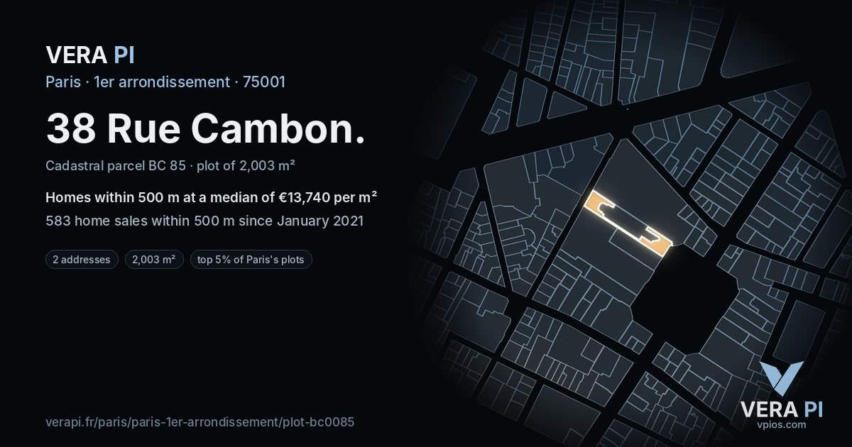 38 Rue Cambon, 1er arrondissement at night – the plot lit, the parcels around coloured by the prices near them