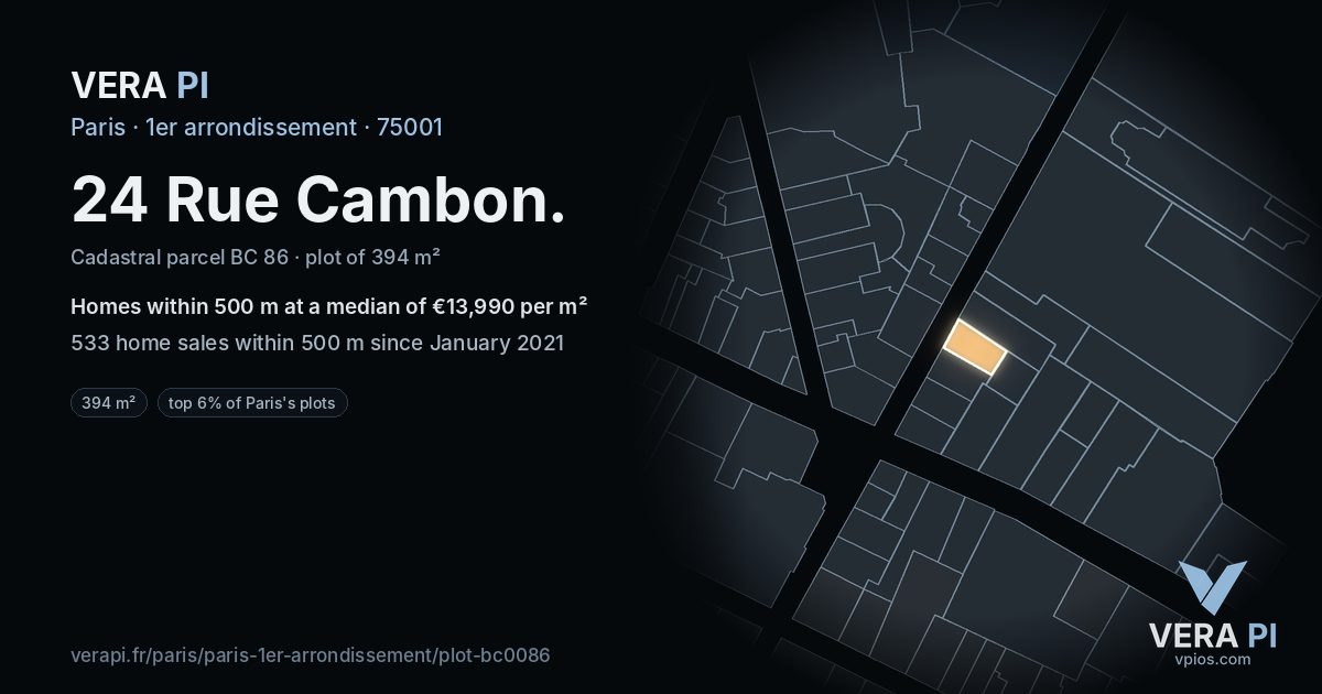 24 Rue Cambon, 1er arrondissement at night – the plot lit, the parcels around coloured by the prices near them