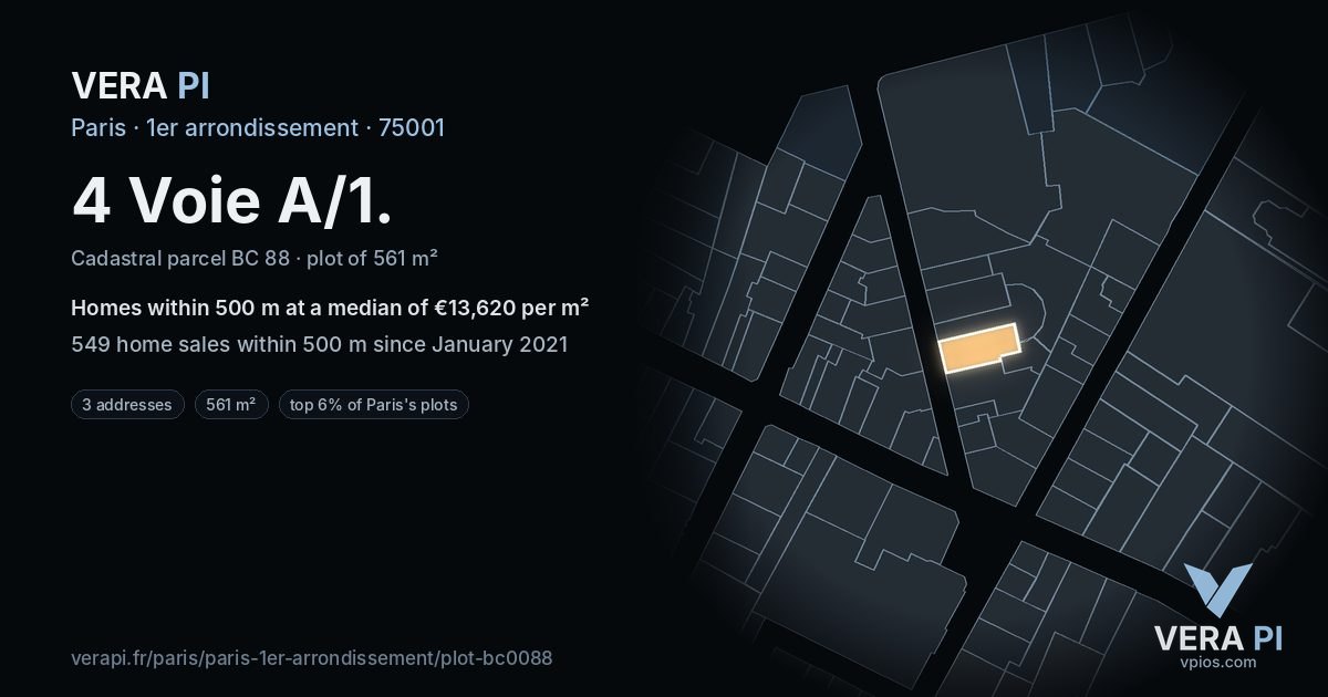 4 Voie A/1, 1er arrondissement at night – the plot lit, the parcels around coloured by the prices near them