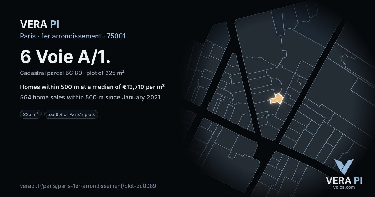 6 Voie A/1, 1er arrondissement at night – the plot lit, the parcels around coloured by the prices near them