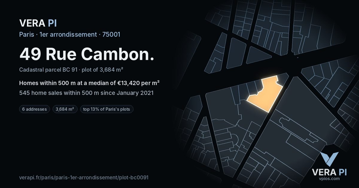 49 Rue Cambon, 1er arrondissement at night – the plot lit, the parcels around coloured by the prices near them