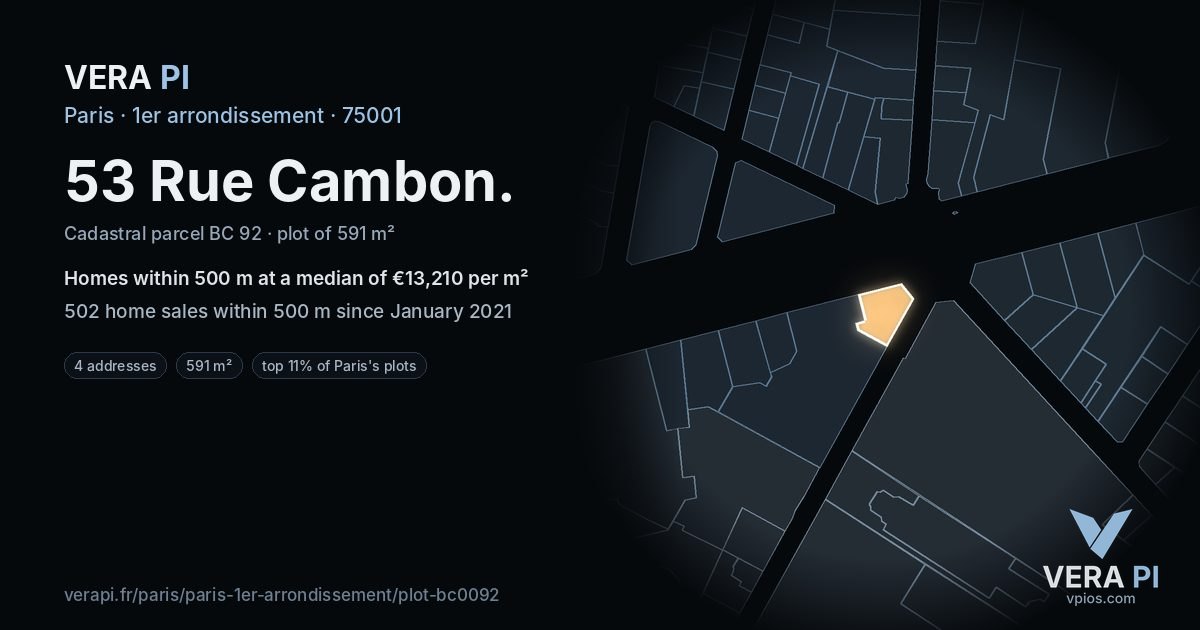 53 Rue Cambon, 1er arrondissement at night – the plot lit, the parcels around coloured by the prices near them