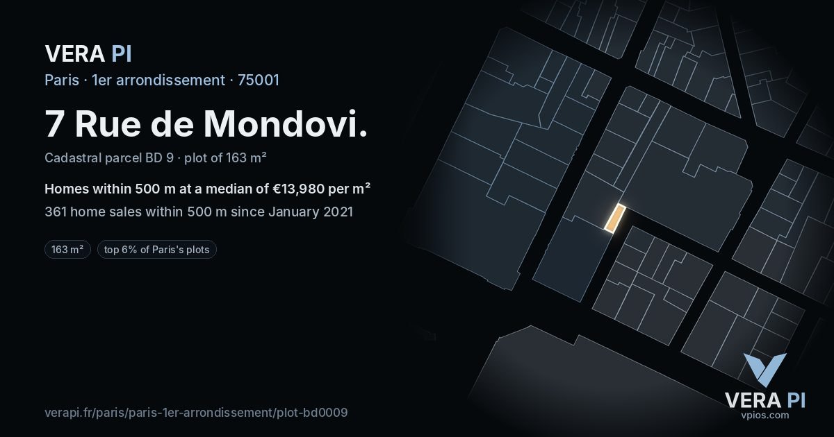 7 Rue de Mondovi, 1er arrondissement at night – the plot lit, the parcels around coloured by the prices near them