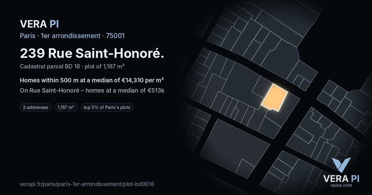 239 Rue Saint-Honoré, 1er arrondissement at night – the plot lit, the parcels around coloured by the prices near them
