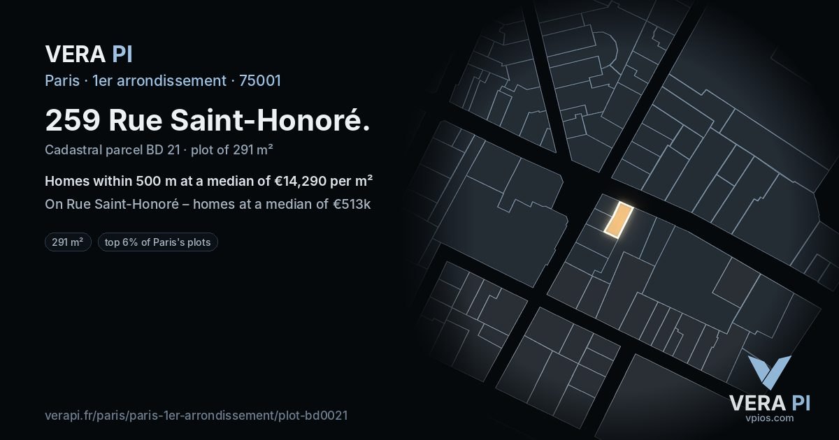 259 Rue Saint-Honoré, 1er arrondissement at night – the plot lit, the parcels around coloured by the prices near them
