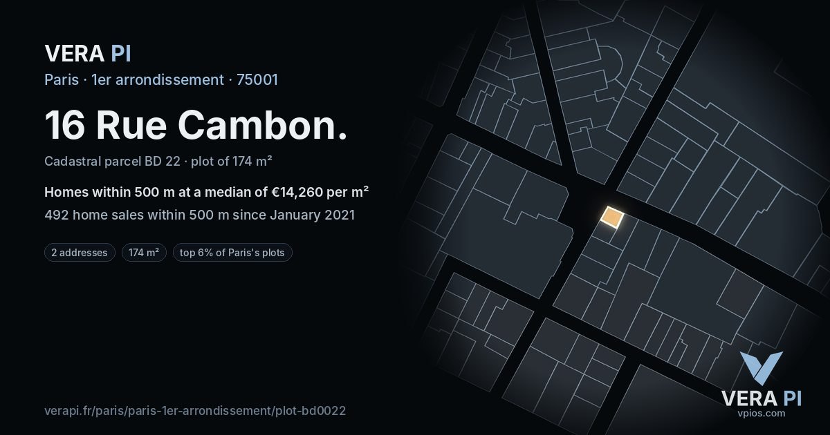 16 Rue Cambon, 1er arrondissement at night – the plot lit, the parcels around coloured by the prices near them