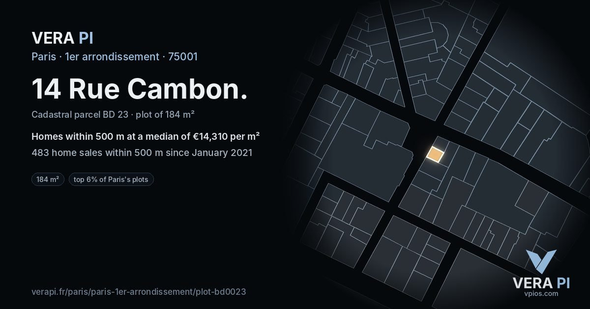 14 Rue Cambon, 1er arrondissement at night – the plot lit, the parcels around coloured by the prices near them