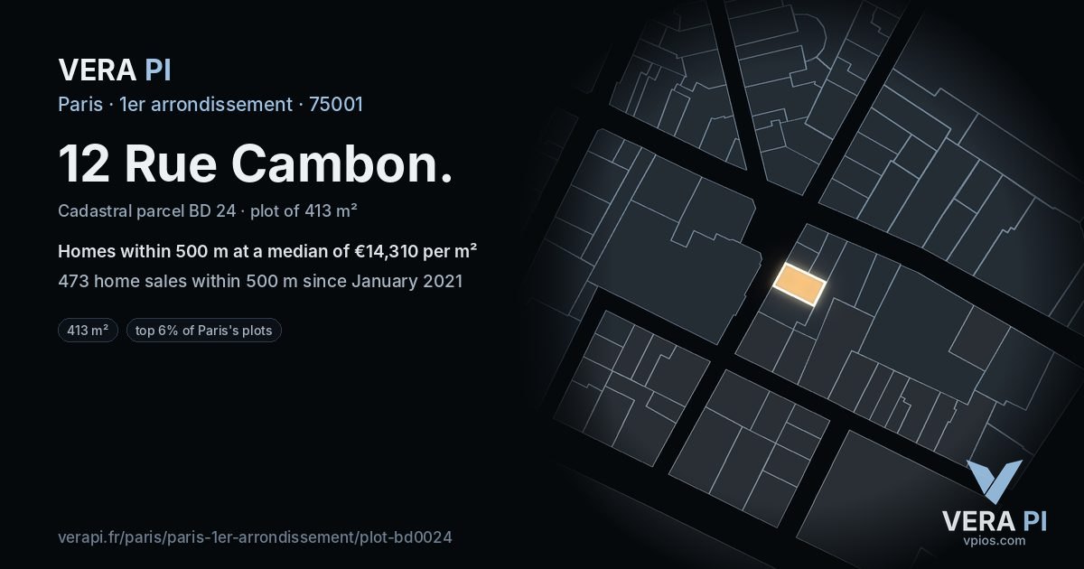 12 Rue Cambon, 1er arrondissement at night – the plot lit, the parcels around coloured by the prices near them