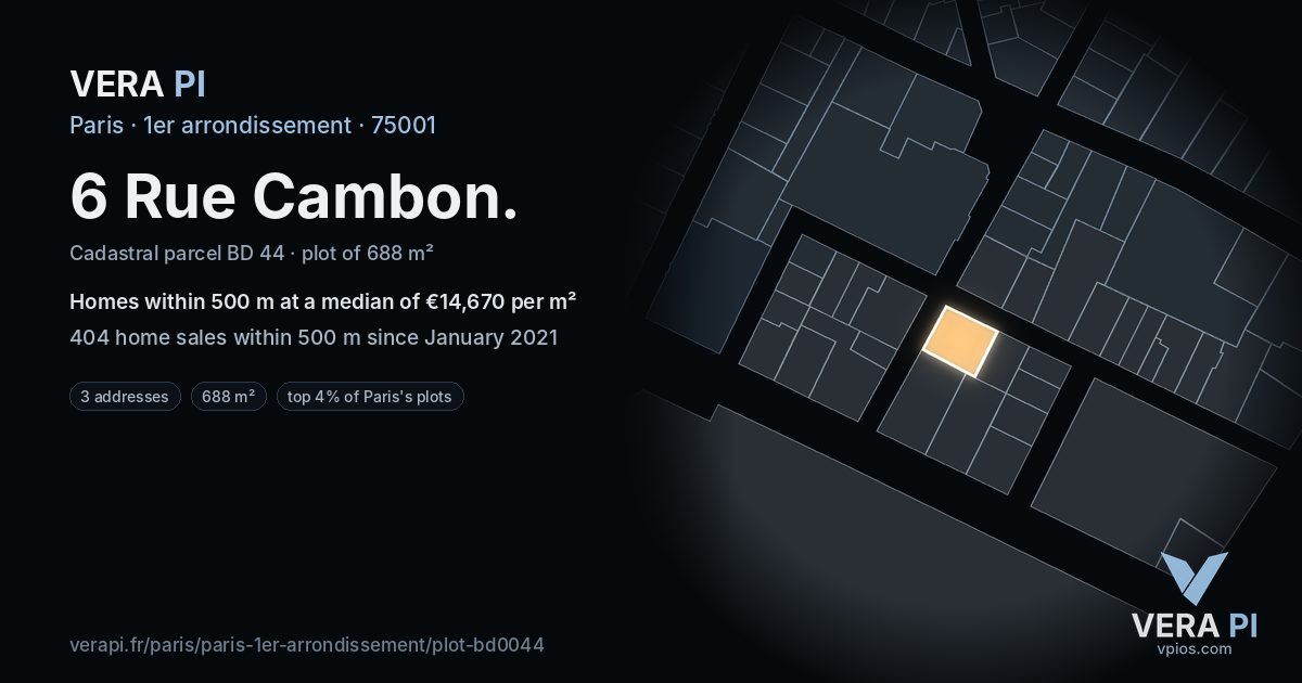 6 Rue Cambon, 1er arrondissement at night – the plot lit, the parcels around coloured by the prices near them