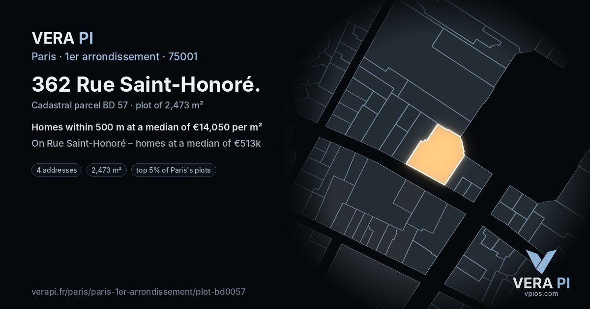 362 Rue Saint-Honoré, 1er arrondissement at night – the plot lit, the parcels around coloured by the prices near them