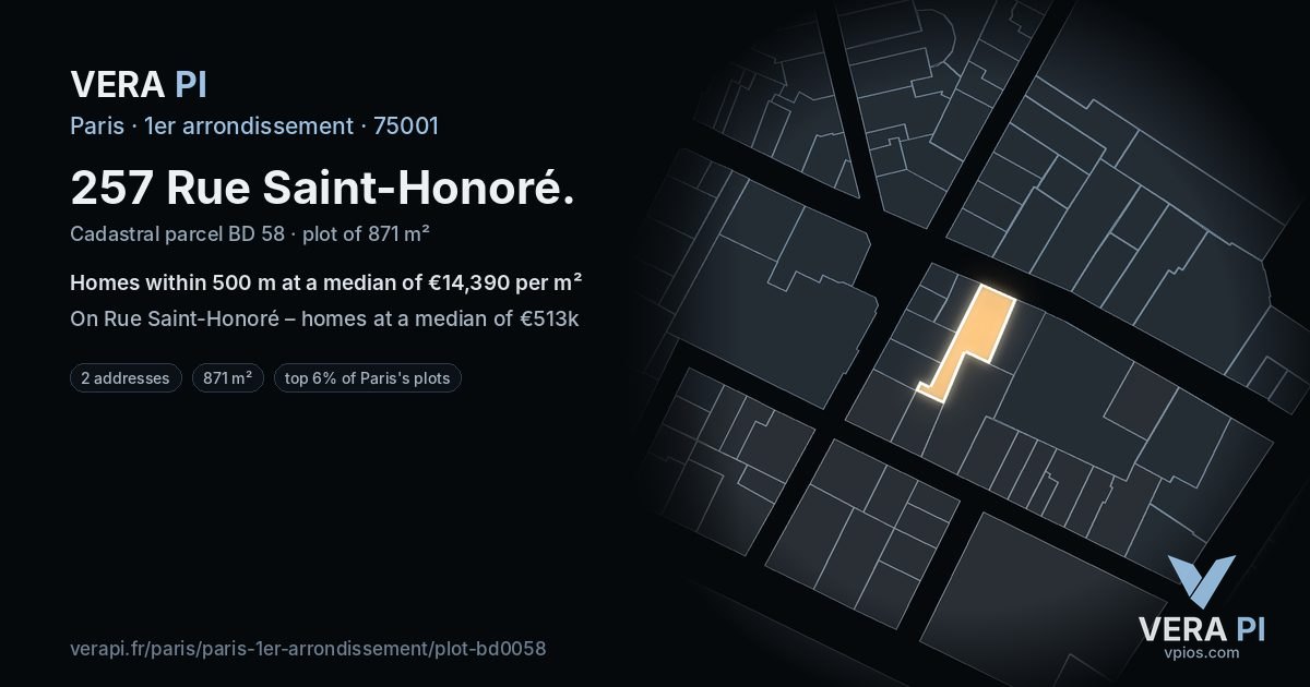 257 Rue Saint-Honoré, 1er arrondissement at night – the plot lit, the parcels around coloured by the prices near them