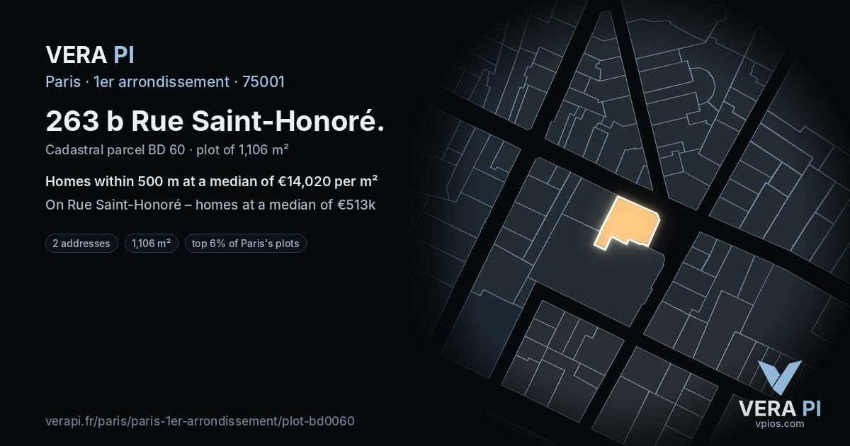 263 b Rue Saint-Honoré, 1er arrondissement at night – the plot lit, the parcels around coloured by the prices near them