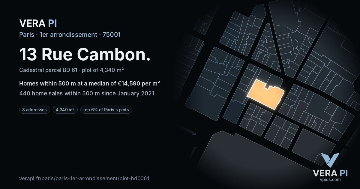 13 Rue Cambon, 1er arrondissement at night – the plot lit, the parcels around coloured by the prices near them