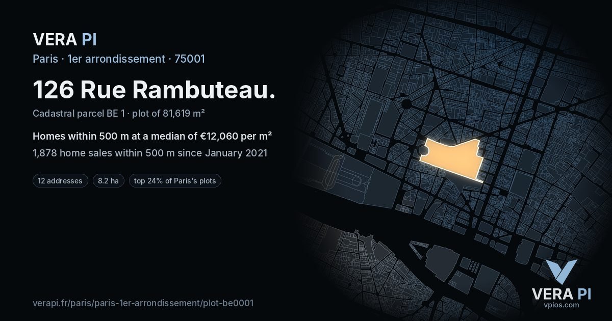 126 Rue Rambuteau, 1er arrondissement at night – the plot lit, the parcels around coloured by the prices near them