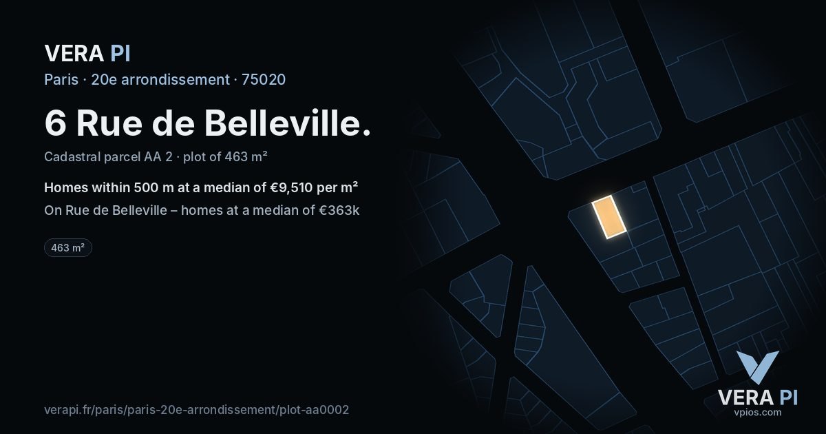 6 Rue de Belleville, 20e arrondissement at night – the plot lit, the parcels around coloured by the prices near them