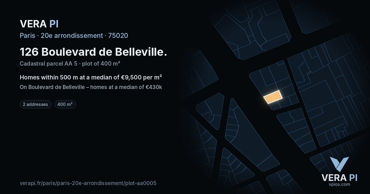 126 Boulevard de Belleville, 20e arrondissement at night – the plot lit, the parcels around coloured by the prices near them