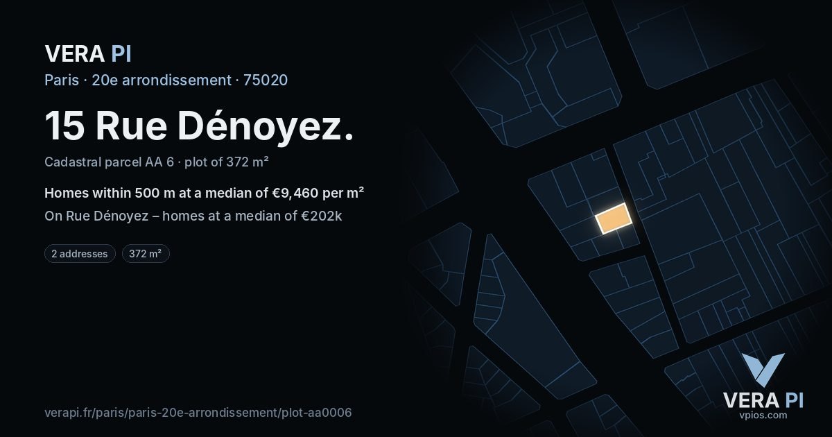 15 Rue Dénoyez, 20e arrondissement at night – the plot lit, the parcels around coloured by the prices near them