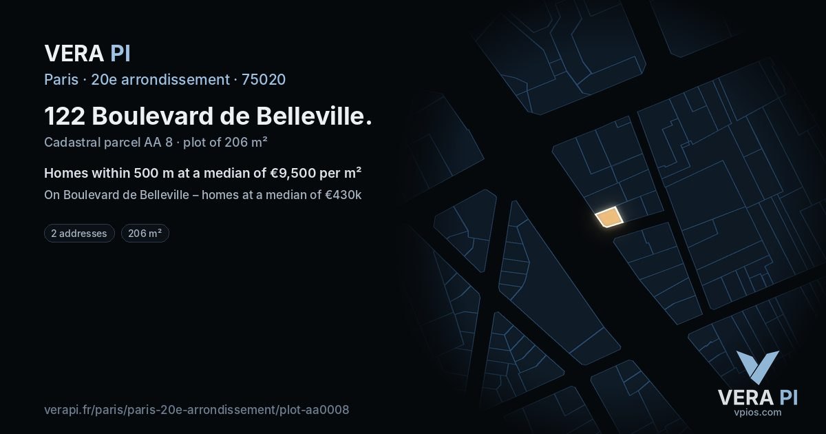122 Boulevard de Belleville, 20e arrondissement at night – the plot lit, the parcels around coloured by the prices near them