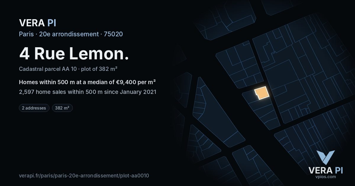 4 Rue Lemon, 20e arrondissement at night – the plot lit, the parcels around coloured by the prices near them