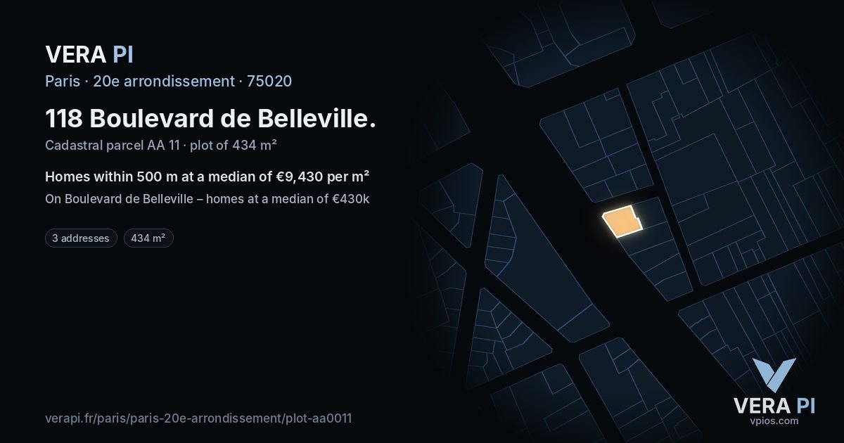 118 Boulevard de Belleville, 20e arrondissement at night – the plot lit, the parcels around coloured by the prices near them