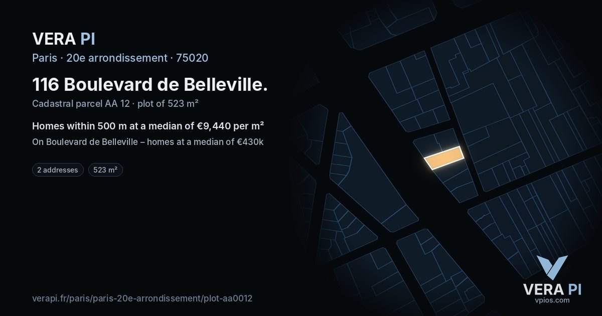 116 Boulevard de Belleville, 20e arrondissement at night – the plot lit, the parcels around coloured by the prices near them