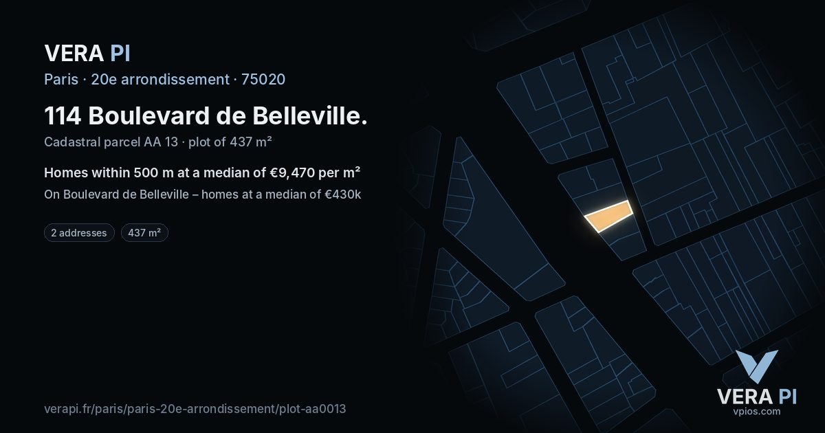 114 Boulevard de Belleville, 20e arrondissement at night – the plot lit, the parcels around coloured by the prices near them