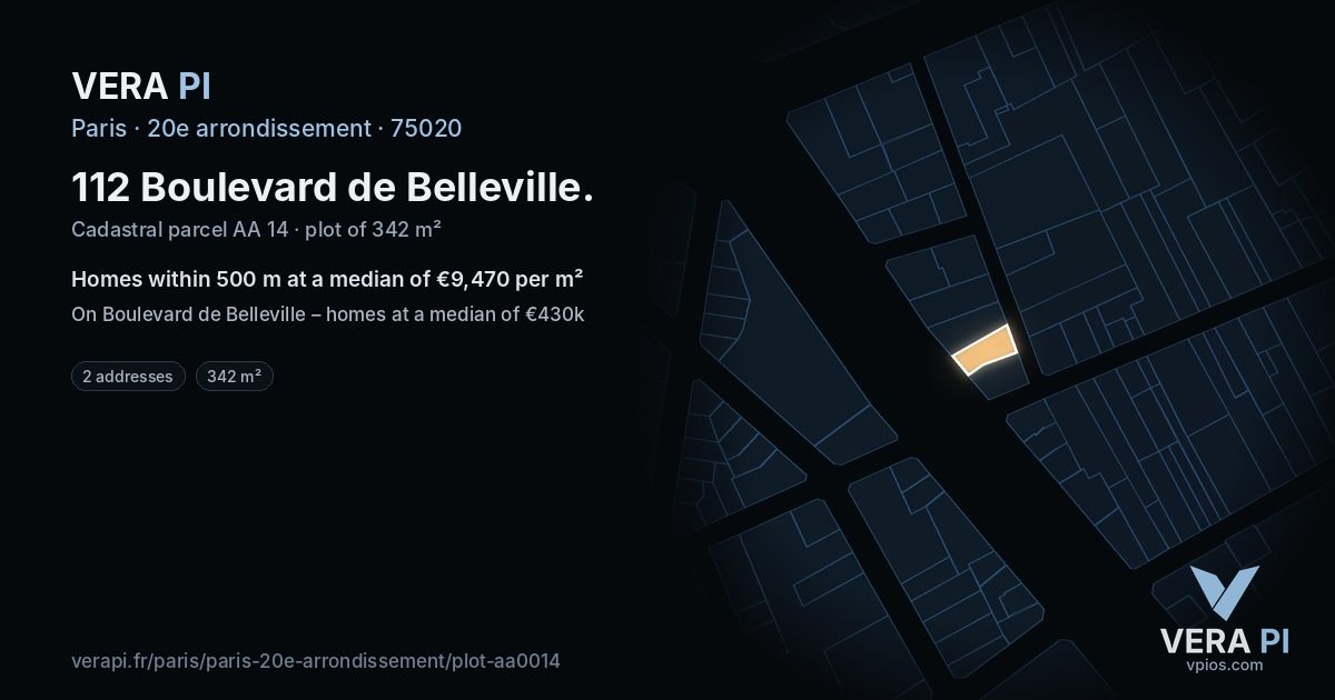 112 Boulevard de Belleville, 20e arrondissement at night – the plot lit, the parcels around coloured by the prices near them
