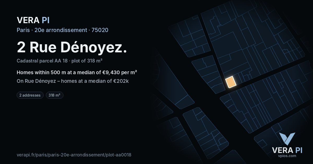 2 Rue Dénoyez, 20e arrondissement at night – the plot lit, the parcels around coloured by the prices near them