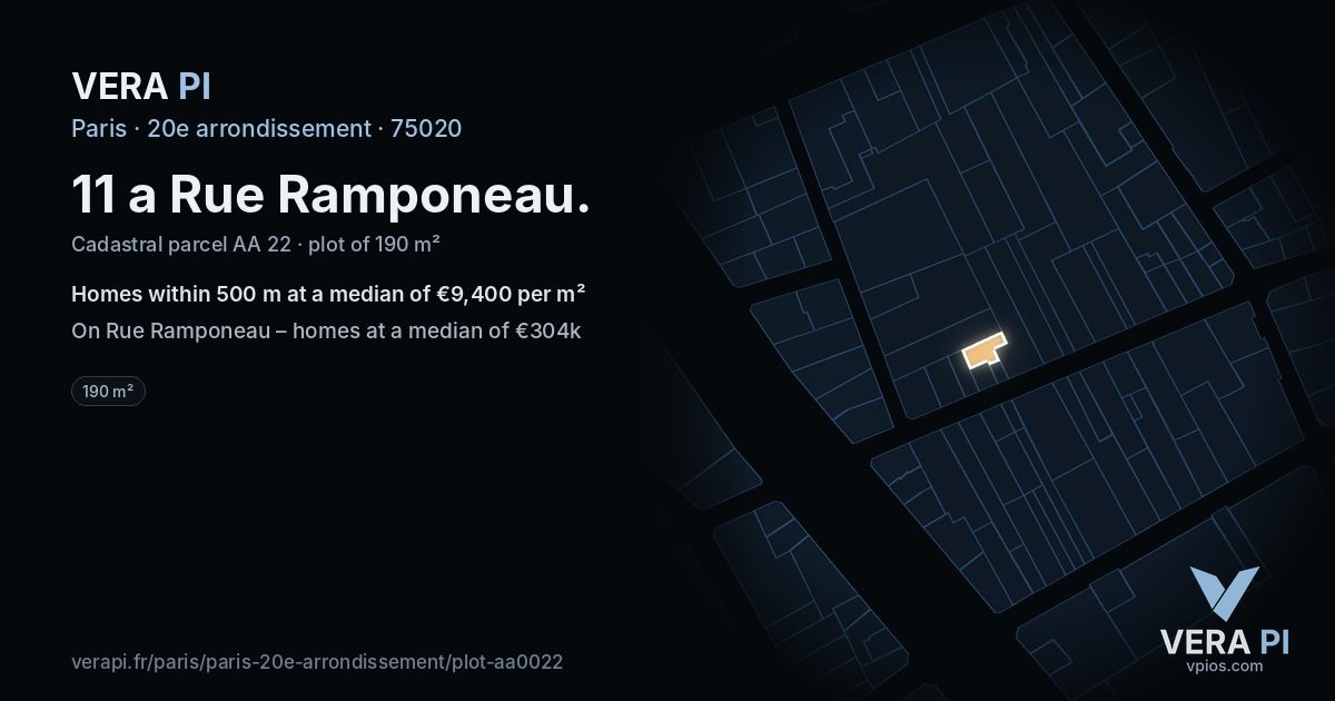 11 a Rue Ramponeau, 20e arrondissement at night – the plot lit, the parcels around coloured by the prices near them