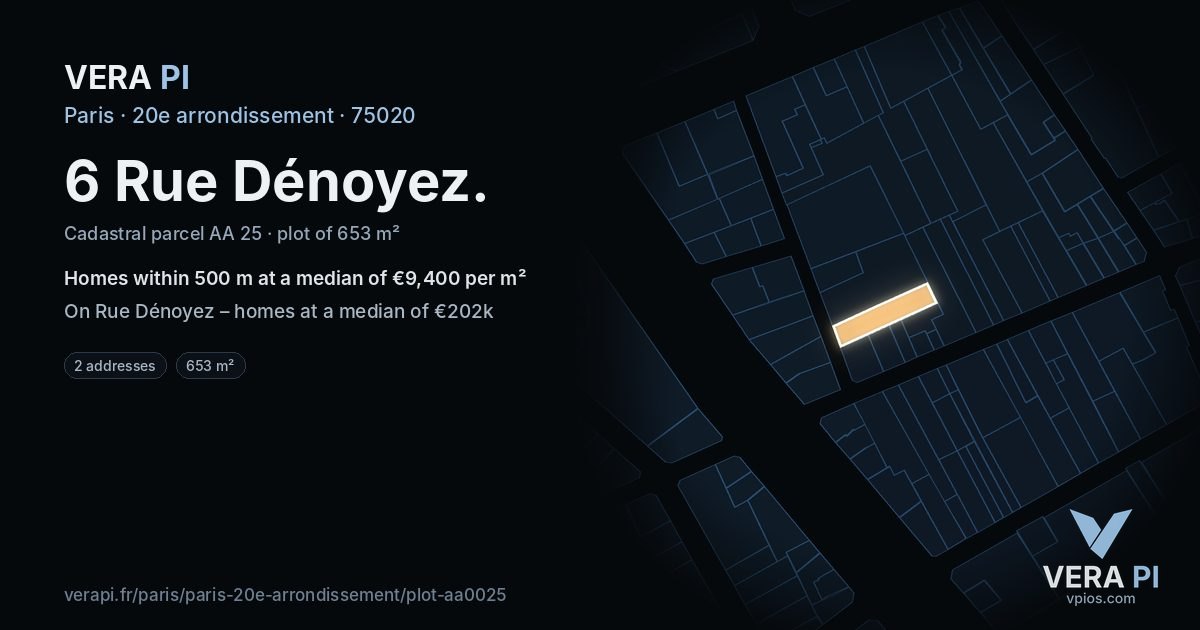 6 Rue Dénoyez, 20e arrondissement at night – the plot lit, the parcels around coloured by the prices near them