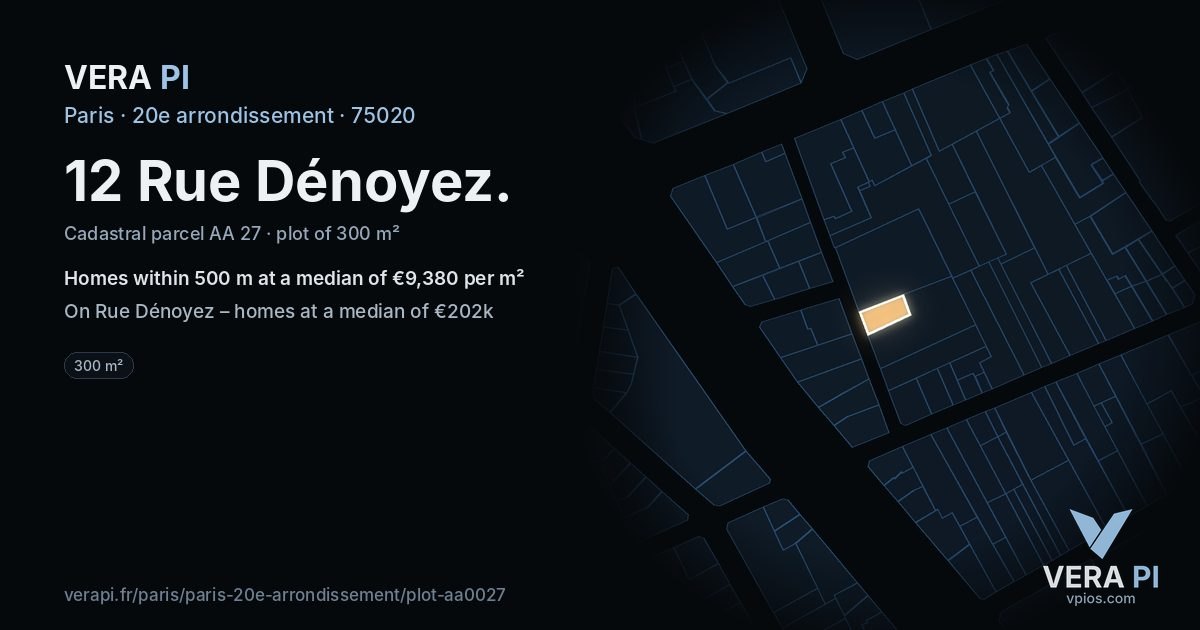 12 Rue Dénoyez, 20e arrondissement at night – the plot lit, the parcels around coloured by the prices near them