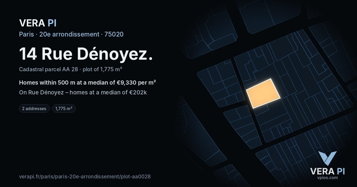14 Rue Dénoyez, 20e arrondissement at night – the plot lit, the parcels around coloured by the prices near them