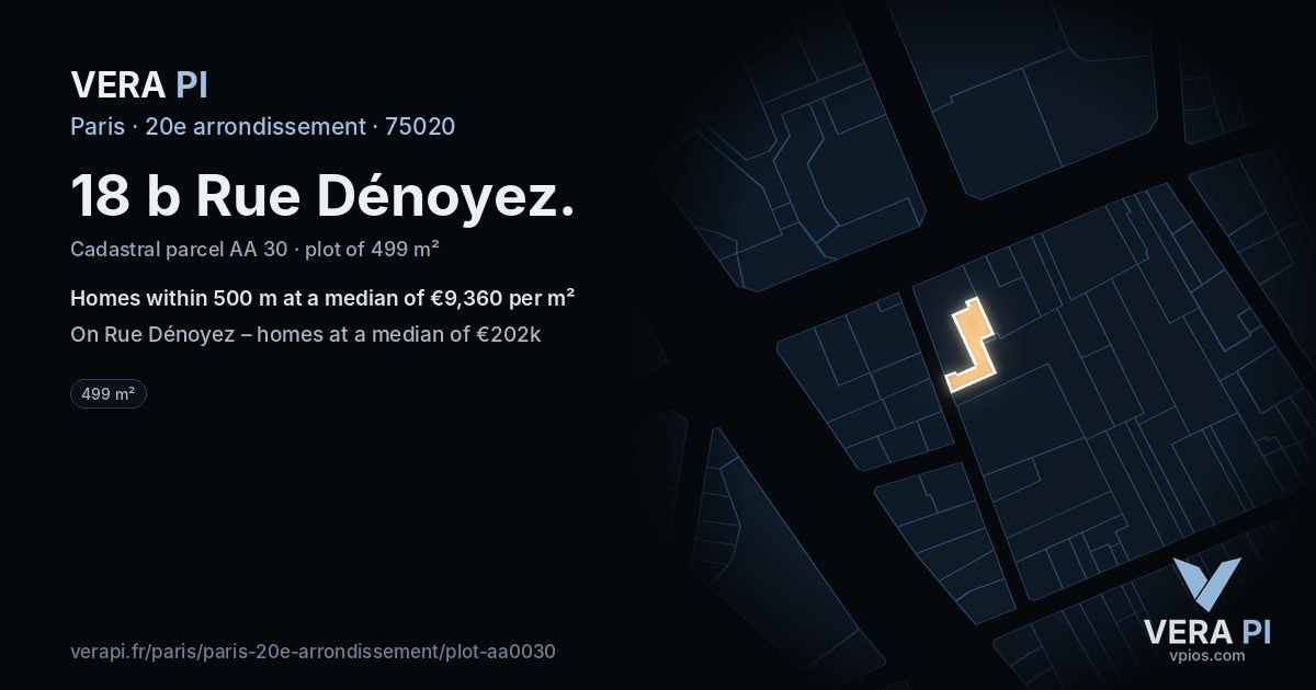 18 b Rue Dénoyez, 20e arrondissement at night – the plot lit, the parcels around coloured by the prices near them