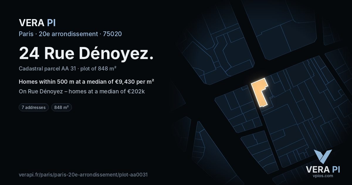 24 Rue Dénoyez, 20e arrondissement at night – the plot lit, the parcels around coloured by the prices near them