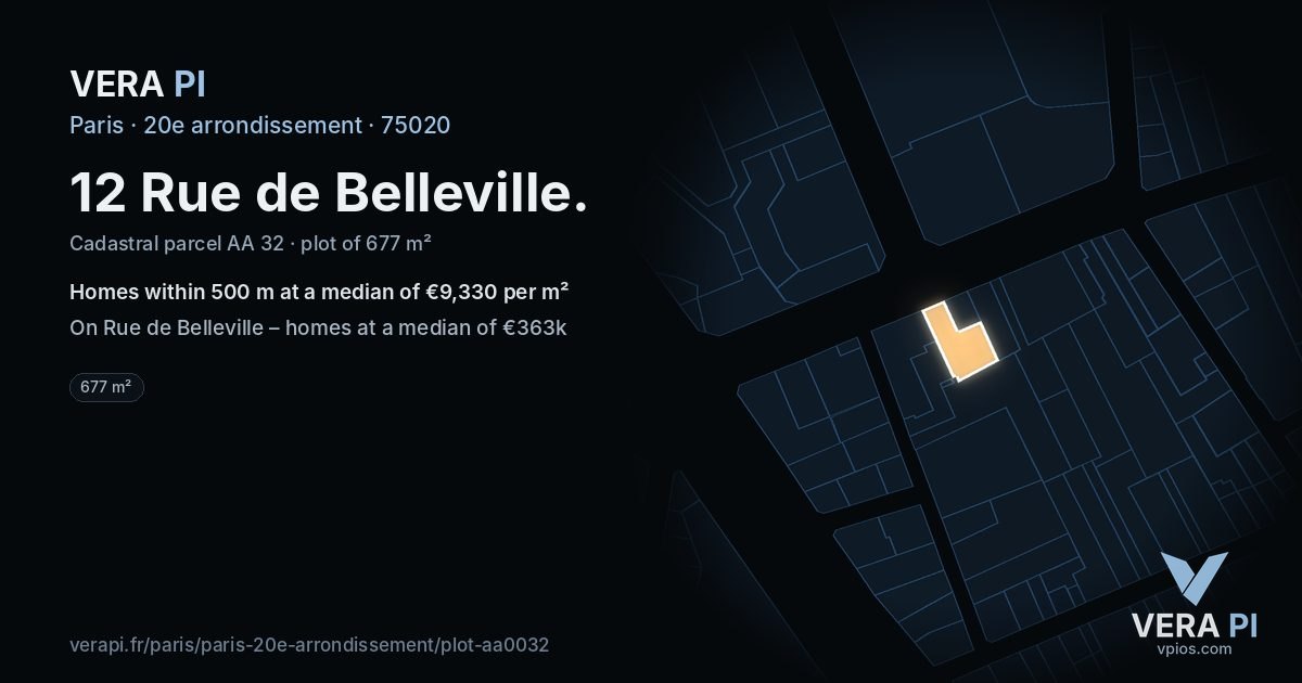 12 Rue de Belleville, 20e arrondissement at night – the plot lit, the parcels around coloured by the prices near them