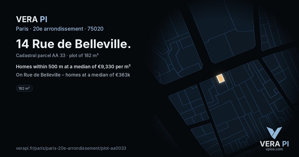 14 Rue de Belleville, 20e arrondissement at night – the plot lit, the parcels around coloured by the prices near them
