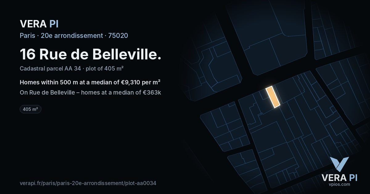 16 Rue de Belleville, 20e arrondissement at night – the plot lit, the parcels around coloured by the prices near them