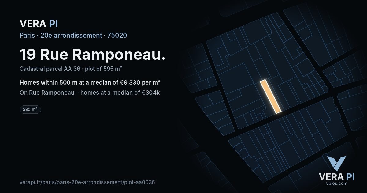 19 Rue Ramponeau, 20e arrondissement at night – the plot lit, the parcels around coloured by the prices near them