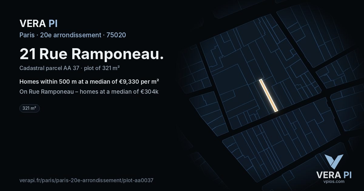 21 Rue Ramponeau, 20e arrondissement at night – the plot lit, the parcels around coloured by the prices near them