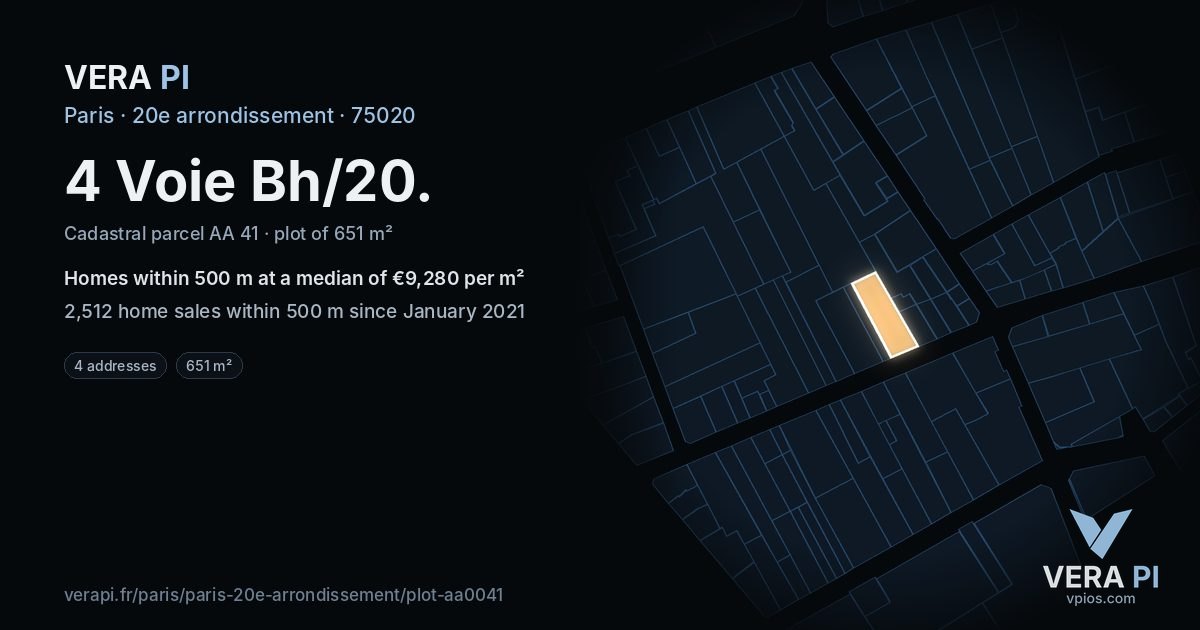 4 Voie Bh/20, 20e arrondissement at night – the plot lit, the parcels around coloured by the prices near them