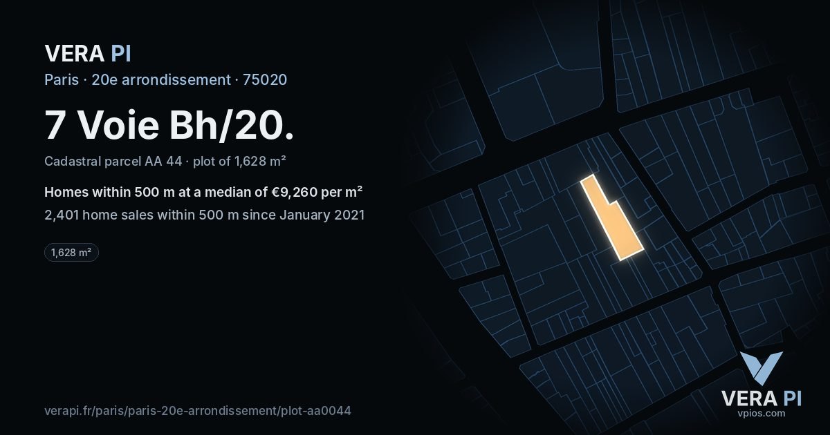 7 Voie Bh/20, 20e arrondissement at night – the plot lit, the parcels around coloured by the prices near them